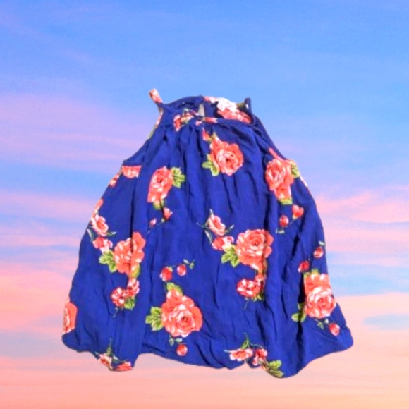 Chenault Blue Pink Roses Floral Top Girl's Size 8 - Picture 1 of 3